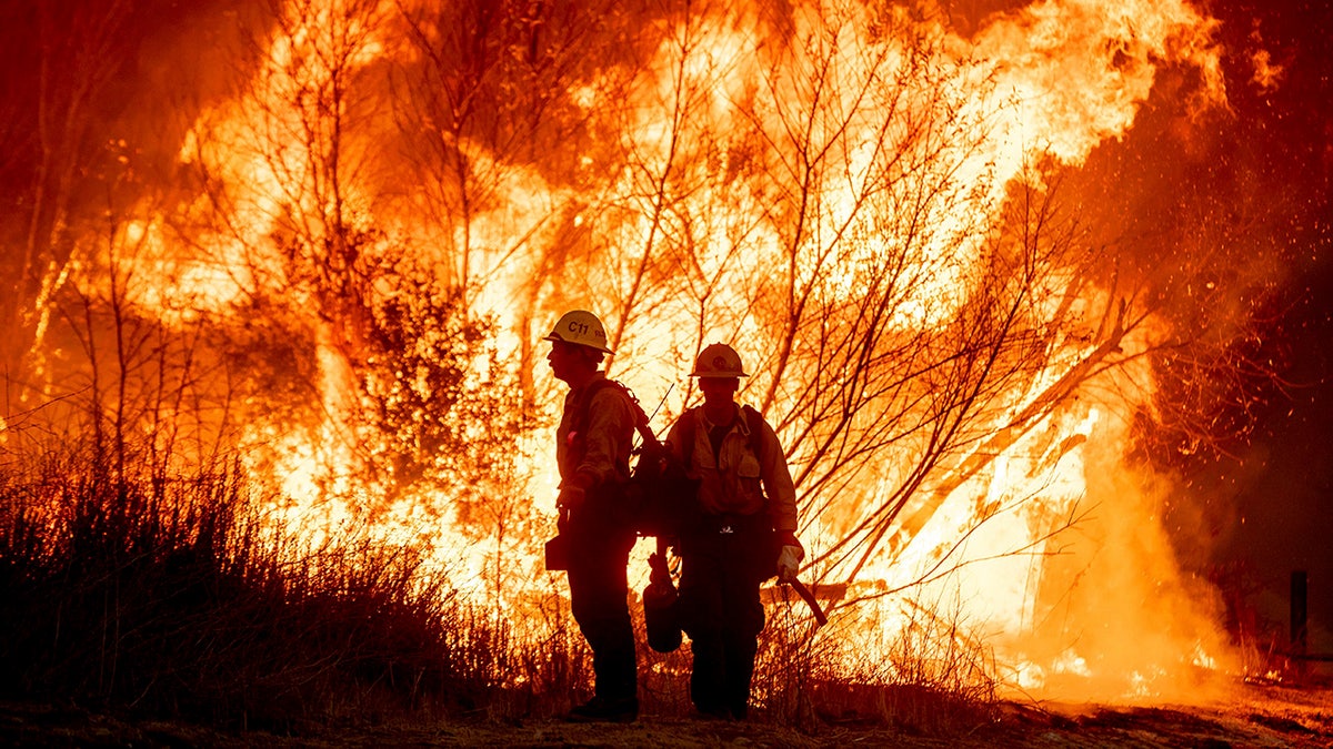 firefighters silhouetted by flames