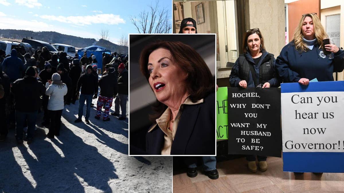 Hochul center inset; prison guard protests in other photos