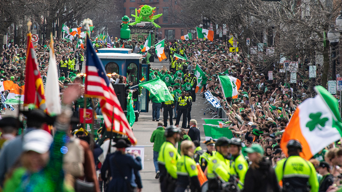 Despite the attack, Church members held a St. Patrick's Day parade at the parish on Sunday. Pictured is the annual St. Patrick's Day & Evacuation Day Parade in Boston, Massachusetts on March 16, 2025. (Photo by Joseph Prezioso / AFP) (Photo by JOSEPH PREZIOSO/AFP via Getty Images)