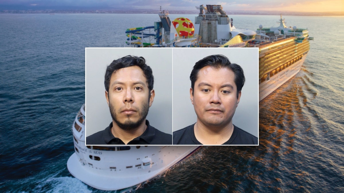 Jose Prudencio Diaz, 36, and Ricardo Daniel Mondragon Leal, 37, mugshots over a photo of an Independence of the Seas cruise ship
