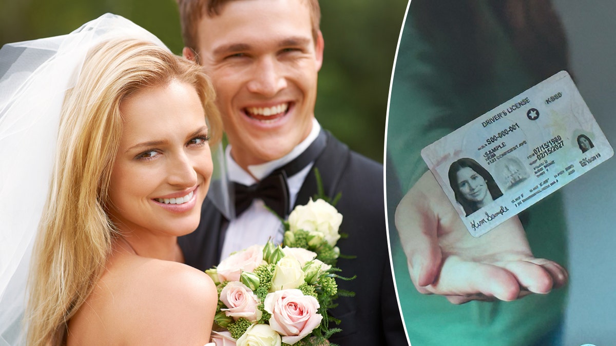 married couple stock photo, left; real id sample card, right