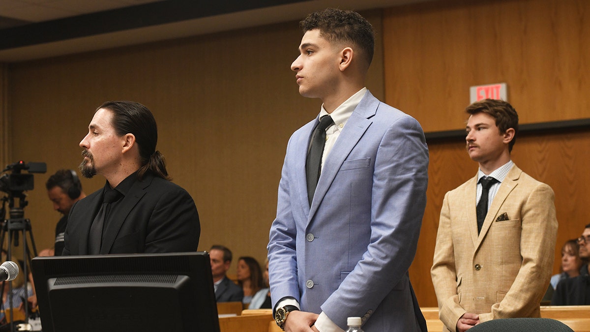 MILFORD, CT - JUNE 17: Raul Valle stands with his defense attorney Kevin Smith, left, on the first day of his murder trial in state Superior Court in Milford, Conn. June 17, 2025. (Ned Gerard/Connecticut Post via Getty Images)