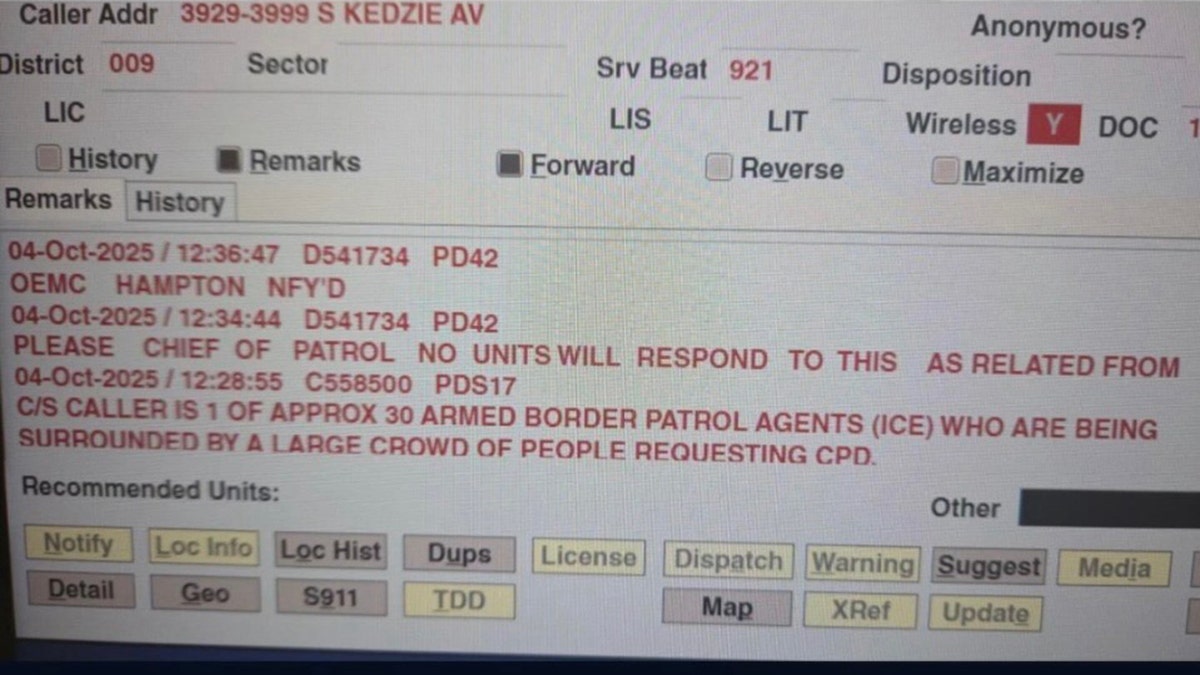 Screenshot of dispatch sent to police officers regarding ICE officers