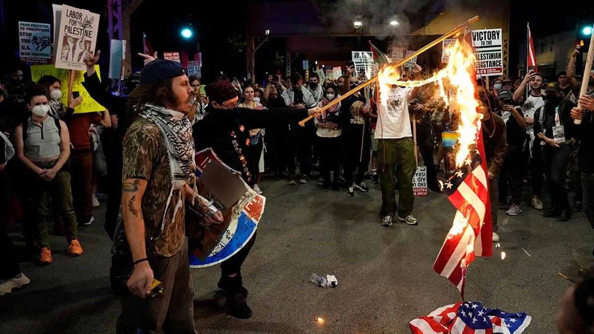 Protesters burn an American flag