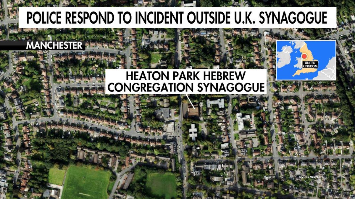 Map graphic highlighting location of Heaton Park Hebrew Congregation Synagogue in Manchester, England.