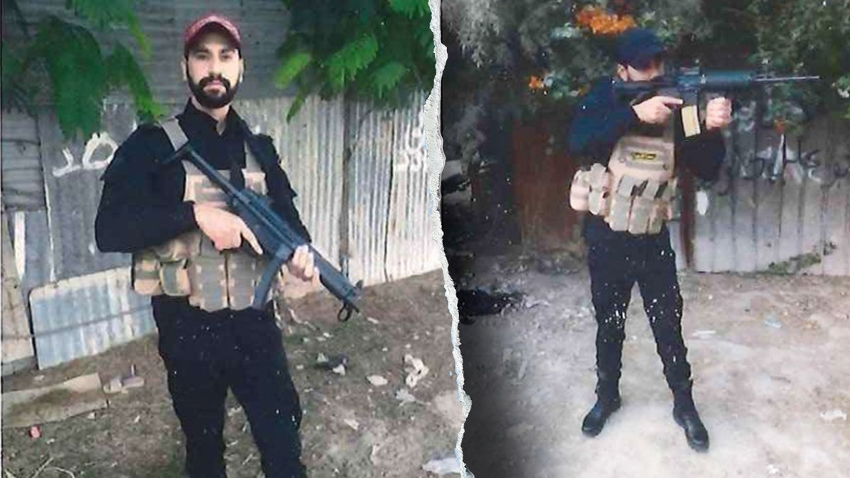 Mahmoud Al-Muhtadi holding rifles and wearing tactical gear in training photos.