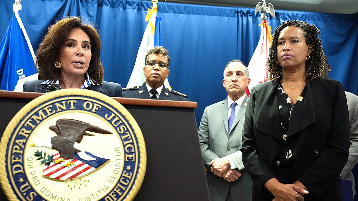 U.S. Attorney Jeanine Pirro speaks at a press conference alongside Police Chief Pamela Smith and Mayor Muriel Bowser.