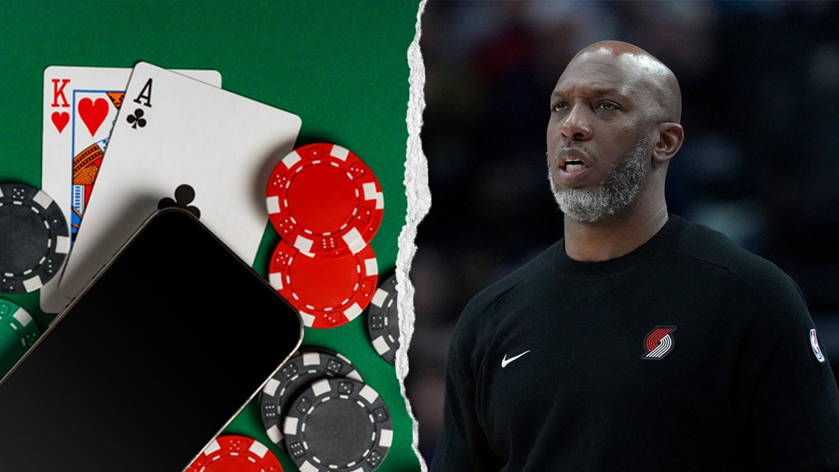 Split image of a table with cards and chips and Chauncey Billups