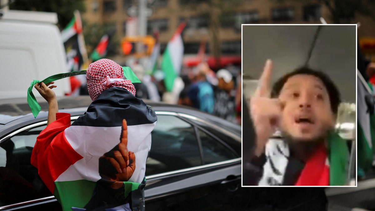 Tarek Bazrouk shown in an inset with a pro-Palestinian protester