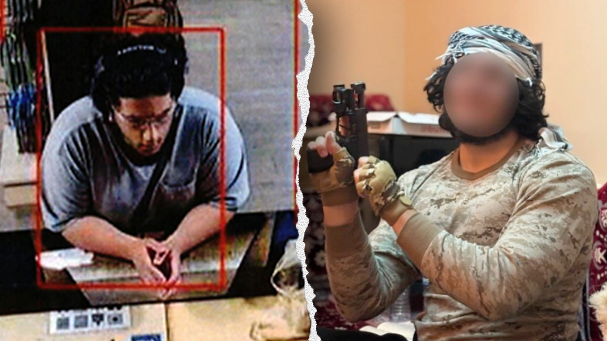 A split image shows a surveillance image on the left of two suspects at a gun range counter, and on the right a selfie one suspect allegedly took and sent to friends after blurring his face.