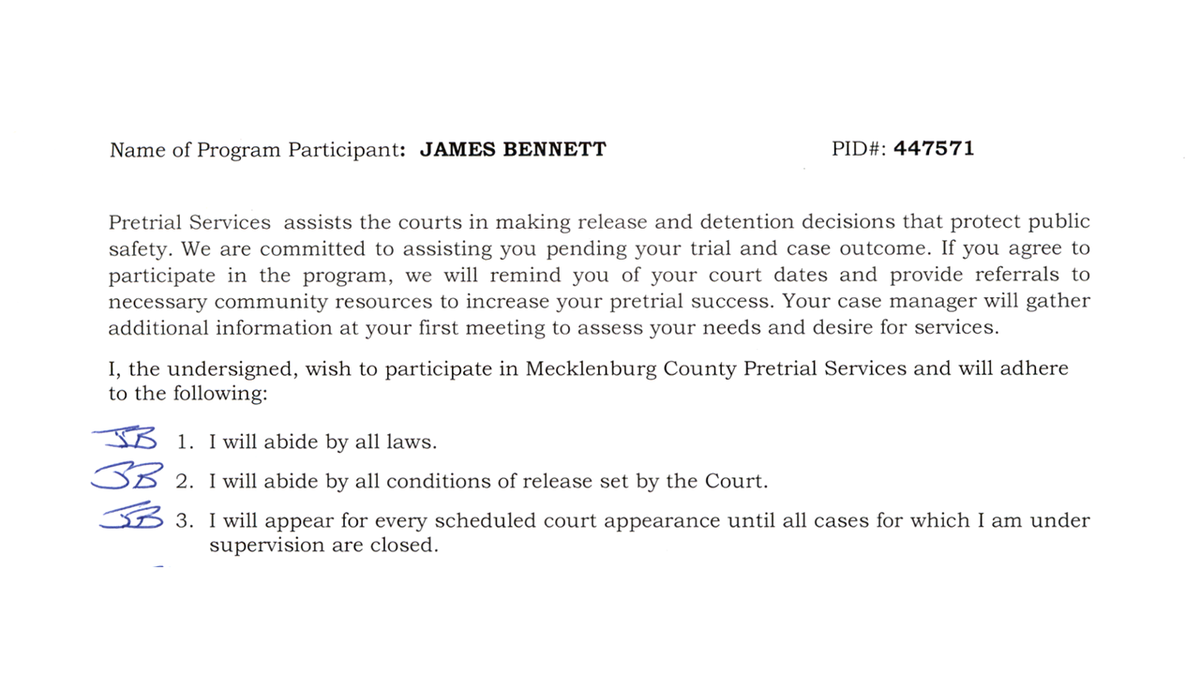 An excerpt from a court document showing Bennett's initials next to a bullet point that reads, "I will abide by all laws."