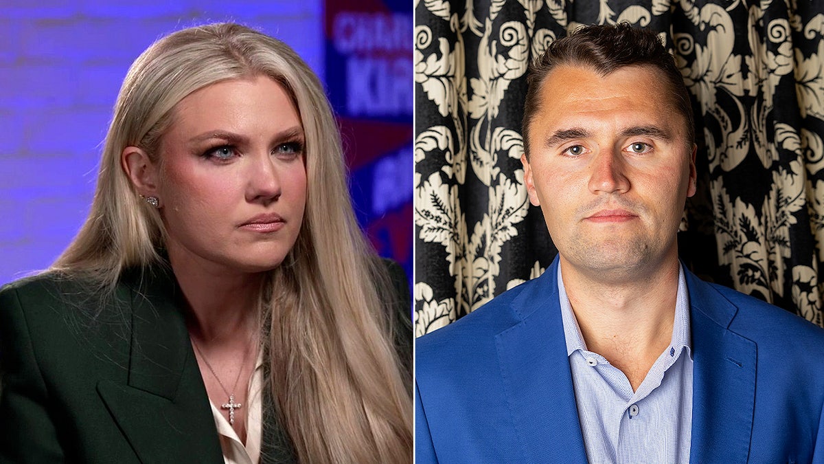 Erika Kirk and late husband Charlie Kirk in a side-by-side divided image