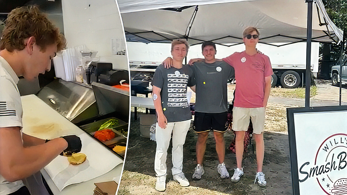 Split image of Will making burger, Will and friends