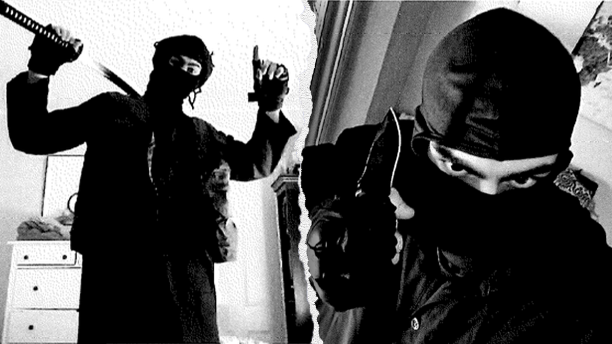 A black and white combination image allegedly shows Milo Sedarat in ISIS-inspired garb and making an ISIS hand gesture while holding a sword, on the left, and swearing a face mask and holding a knife on the right