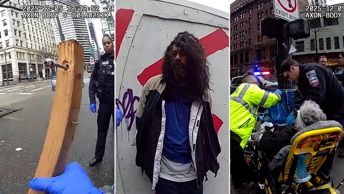 split photo of wooden stick weapon, suspect with long hair, ems attending to woman