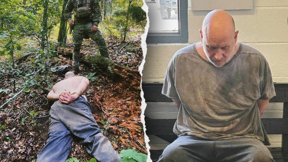 A split image of Grant Hardin being captured in a wooded area and Hardin sitting in a chair after his capture