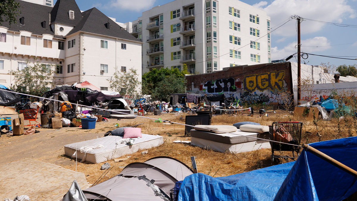 Homeless encampment in Koreatown in Los Angeles, CA