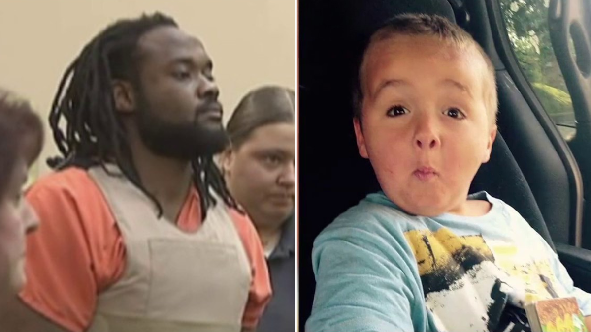 a 6-year-old boy in a car seat pictured beside his killer in court