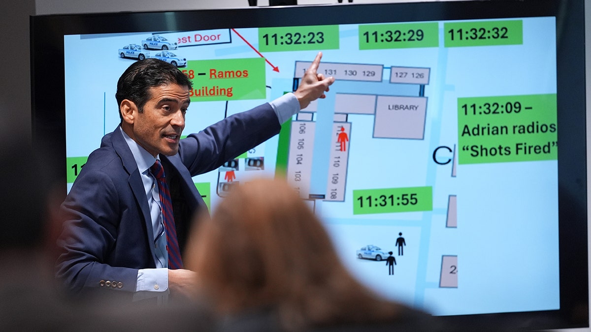 Attorney Nico LaHood points to map during opening statements in trial of former Uvalde school district police officer