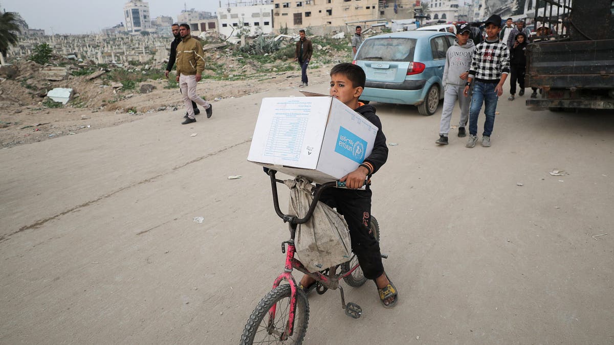 A Palestinian boy carries an aid box provided by UNRWA, amid a ceasefire between Hamas and Israel, in Gaza City, February 3, 2025. REUTERS/Dawoud Abu Alkas