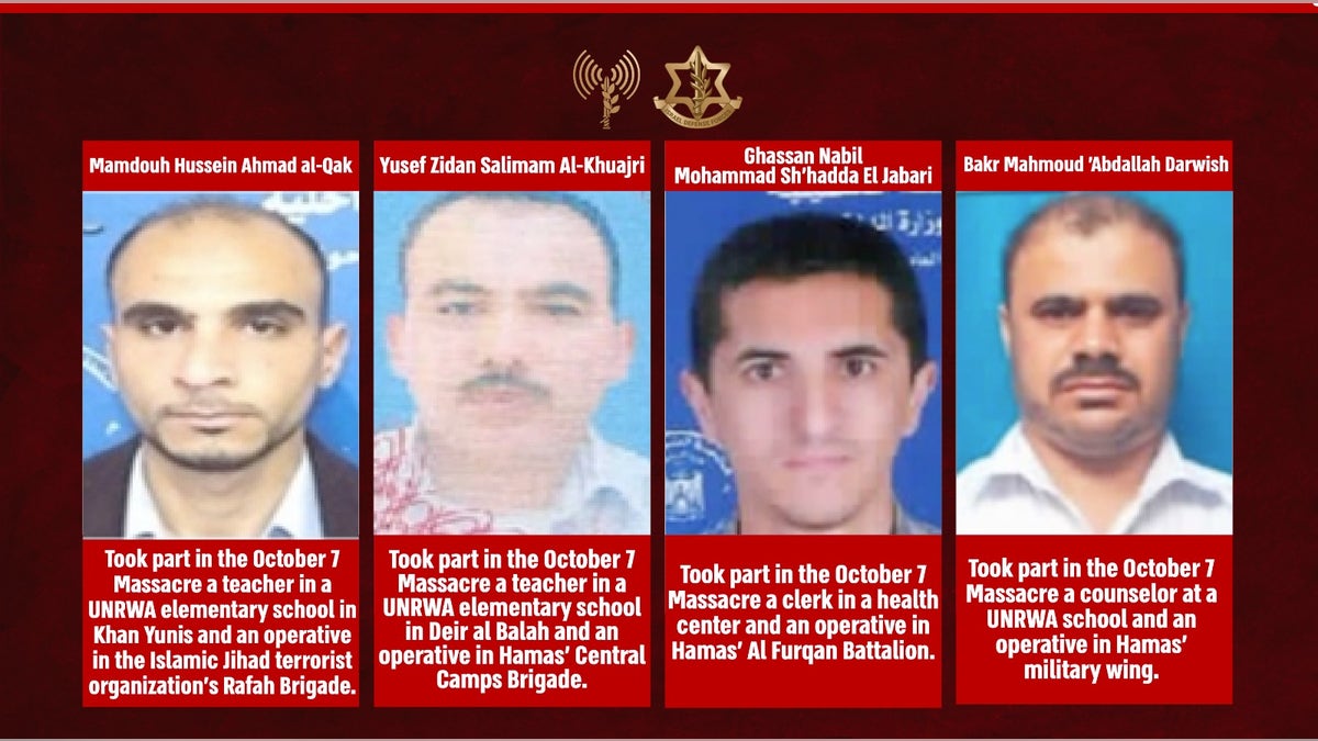 An IDF infographic with descriptions of what it claims are the UNRWA workers that took part in the Oct 7 massacre.