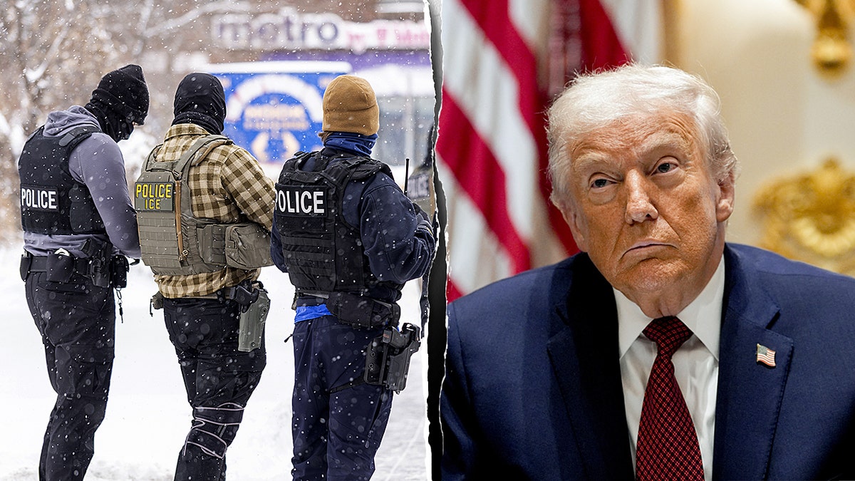 President Donald Trump next to ICE agents.