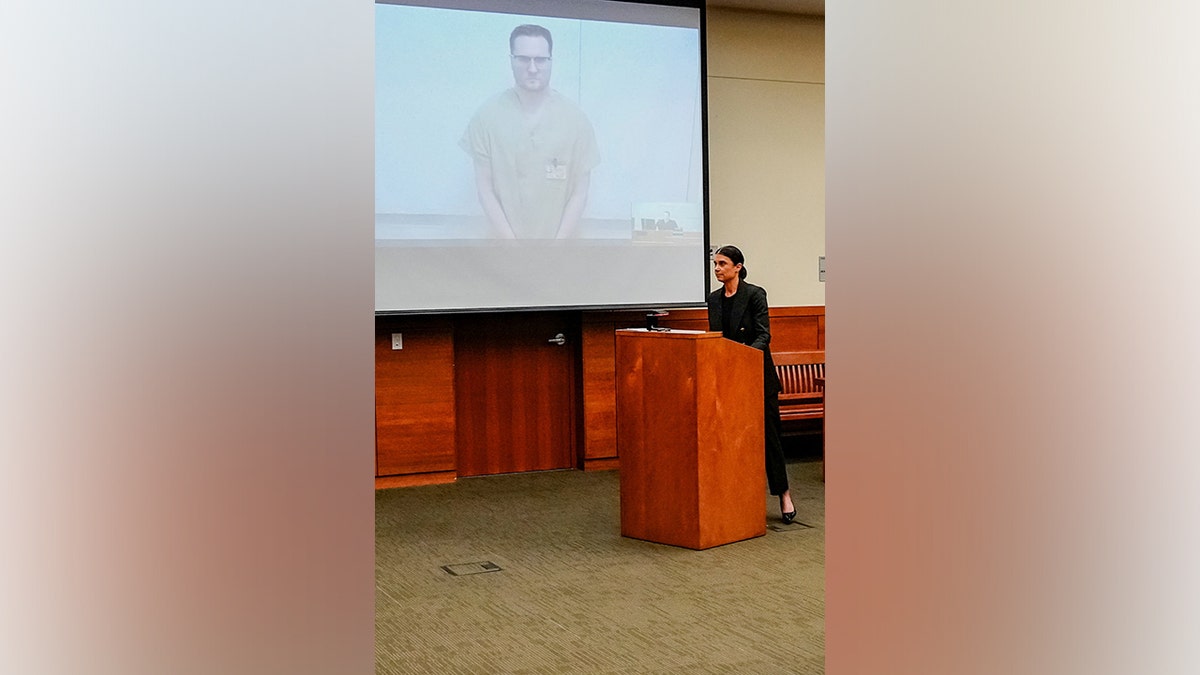 Diane Menashe standing in a courtroom while Michael McKee appears on a closed-circuit television screen.