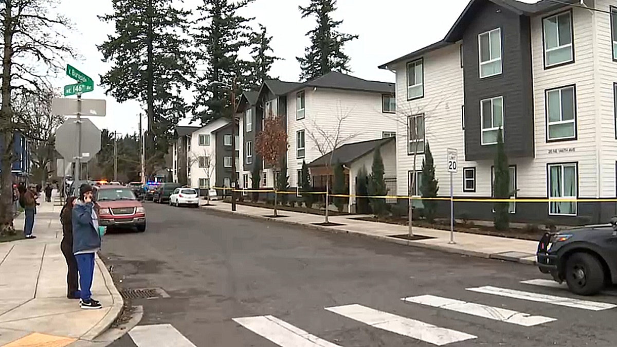 Police tape in an Oregon neighborhood