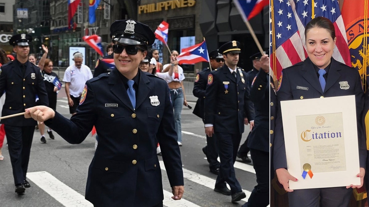 Officer Patricia Espinosa marches in uniform during a parade in New York City.