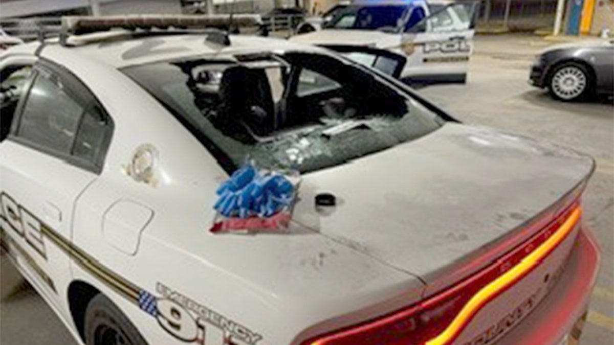 Smashed patrol vehicle.