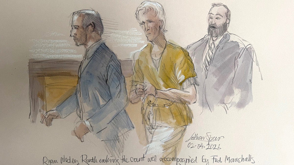 A courtroom sketch of Ryan Routh during legal proceedings in a Florida courtroom.