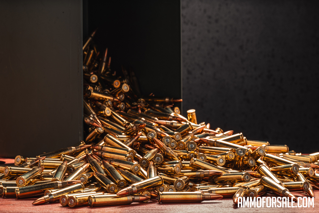 rifle cartridges spilling out of ammo can
